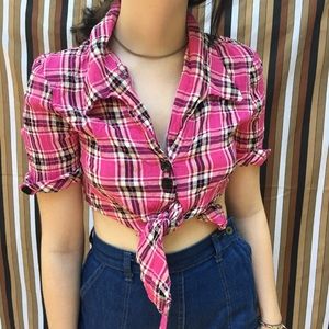 1990s Pink Plaid Crop Button Up